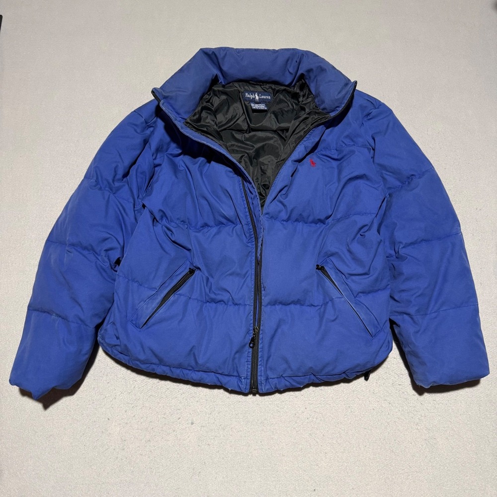 VTG Ralph Lauren Mens Blue Down Puffer Jacket Large Red Pony Logo Full Zip